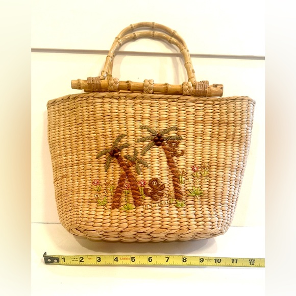 Vtg Handcrafted Embellished Monkey/Palm Tree Straw Basket Purse w/Bamboo Handles - Picture 8 of 10